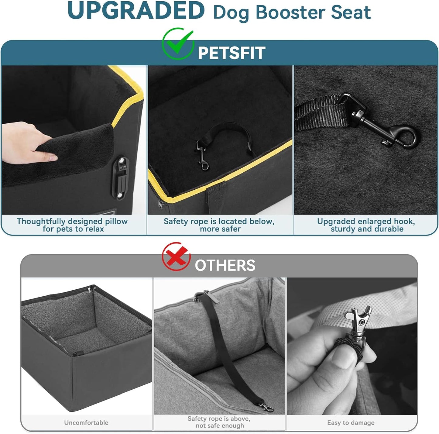 Petsfit Hunde Autositz für kleine Hunde, Hundesitz Auto Rückbank, Extra sicherer Stabiler Hundeautositz Hundesitz mit Sicherheitsgurt-Halteclip und Plüschkissen für kleine Hunde bis zu 6kg, Schwarz