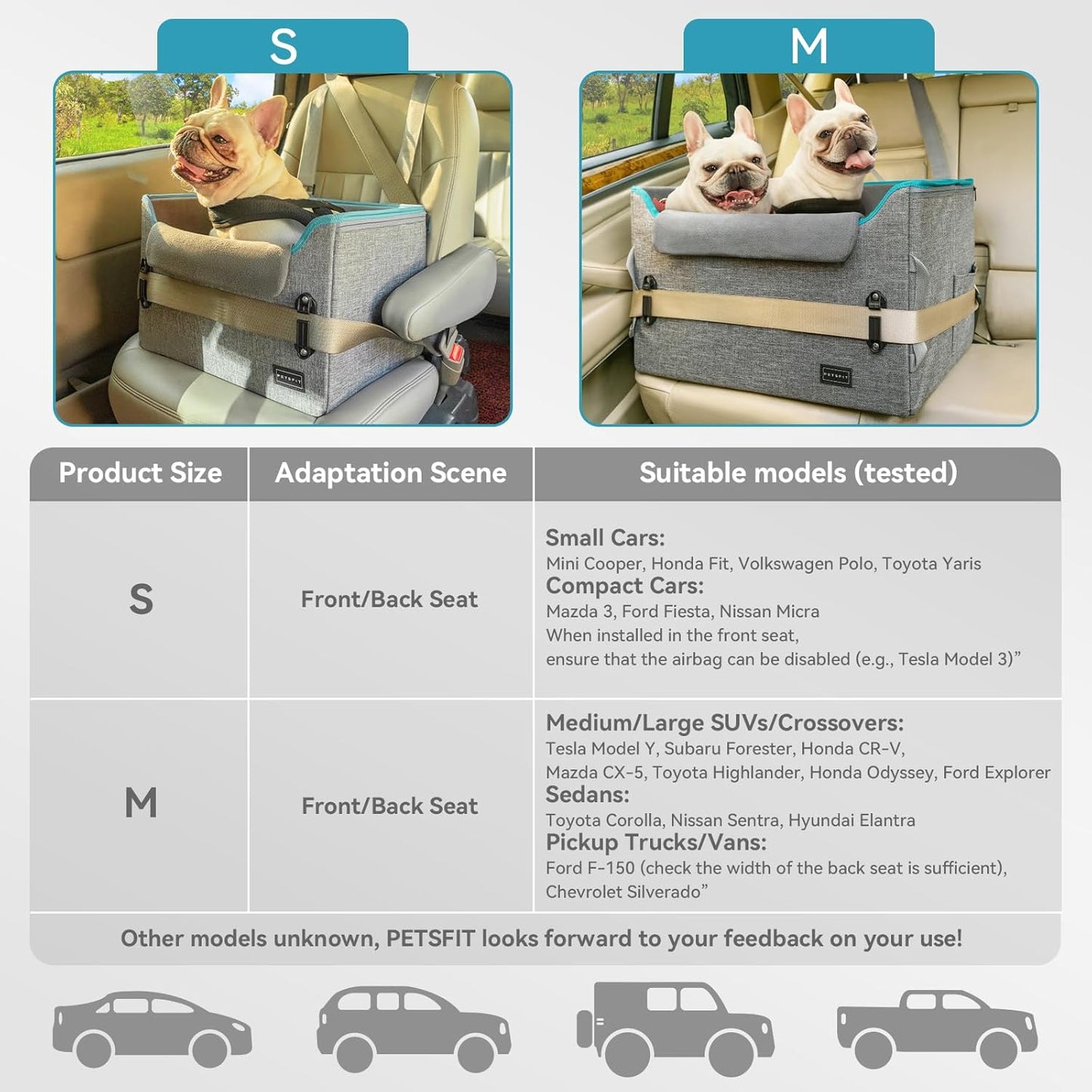 Petsfit Hunde Autositz für kleine Hunde, Hundeautositz Hundesitz Auto Rückbank Beifahrersitz sicherer Stabiler mit Sicherheitsgurt-Halteclip und Plüschkissen für kleine Hunde bis zu 8kg,Leder, Grau