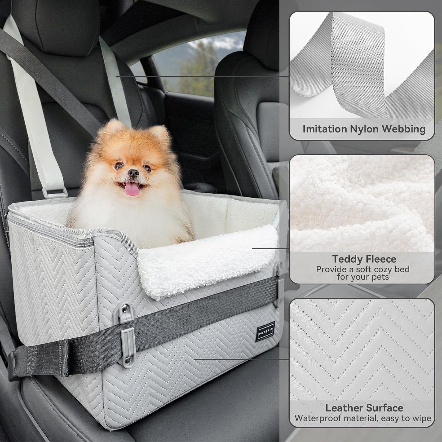 Petsfit Hunde Autositz für kleine Hunde, Hundeautositz Hundesitz Auto Rückbank Beifahrersitz sicherer Stabiler mit Sicherheitsgurt-Halteclip und Plüschkissen für kleine Hunde bis zu 8kg,Leder, Grau