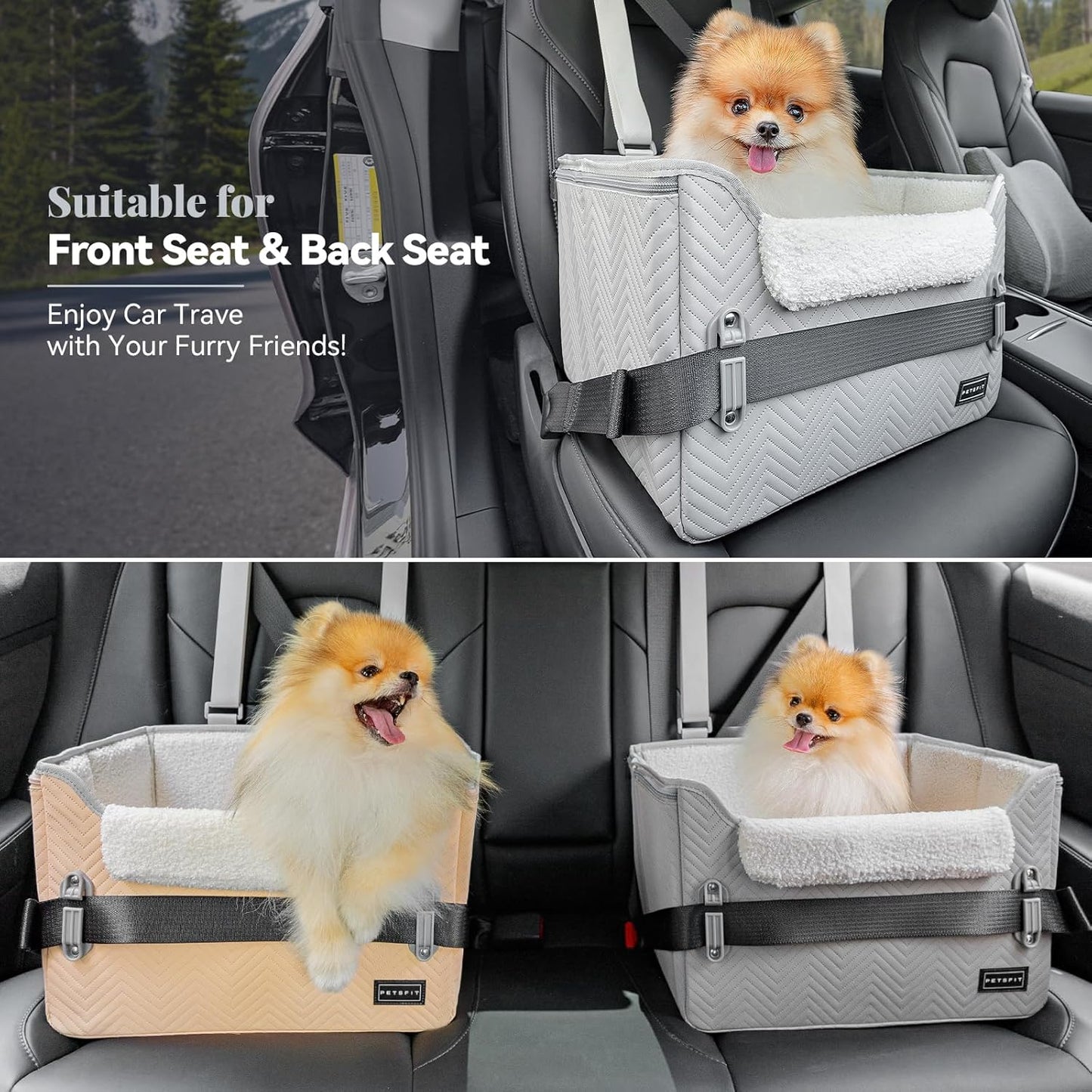 Petsfit Hunde Autositz für kleine Hunde, Hundeautositz Hundesitz Auto Rückbank Beifahrersitz sicherer Stabiler mit Sicherheitsgurt-Halteclip und Plüschkissen für kleine Hunde bis zu 8kg,Leder, Grau