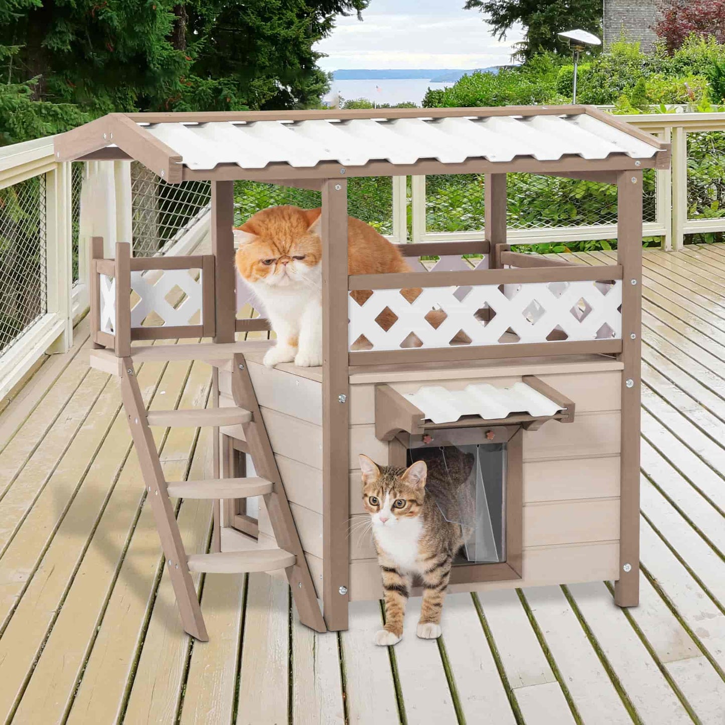 PETSFIT Outside Cat House Stair or Scratch Board 2 Story Design Perfect for Multi Cats - Pet Supplies