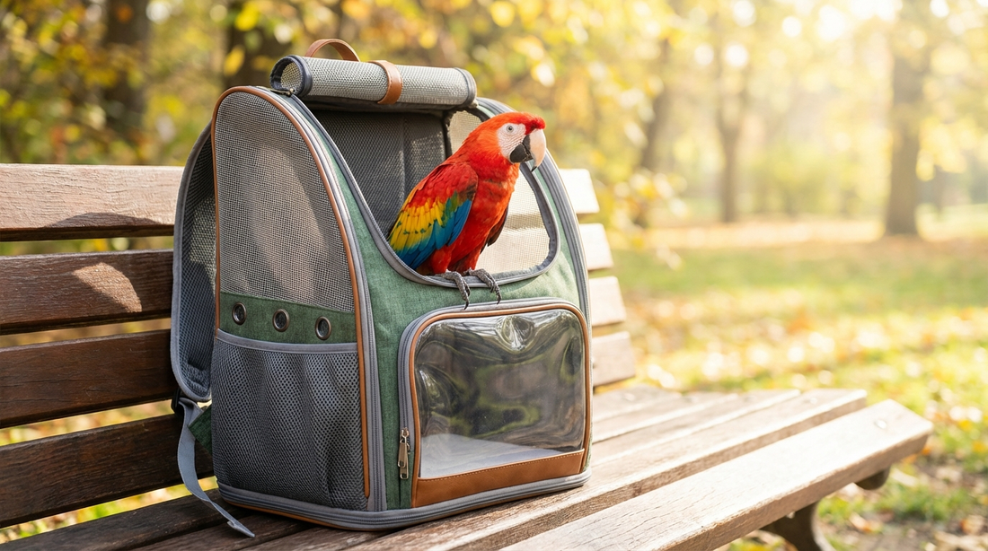 A parrot traveling comfortably in a Petsfit mesh bird carrier backpack outdoors