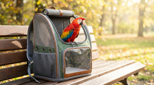 A parrot traveling comfortably in a Petsfit mesh bird carrier backpack outdoors