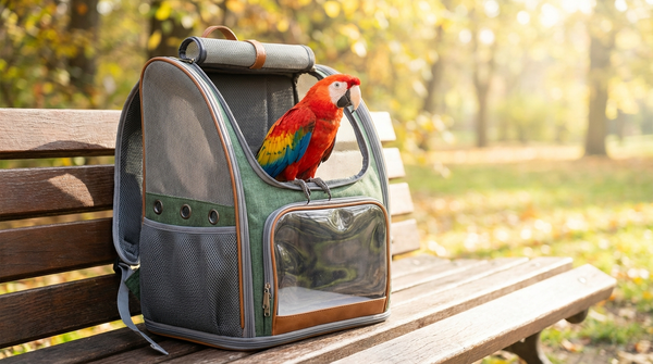 A parrot traveling comfortably in a Petsfit mesh bird carrier backpack outdoors