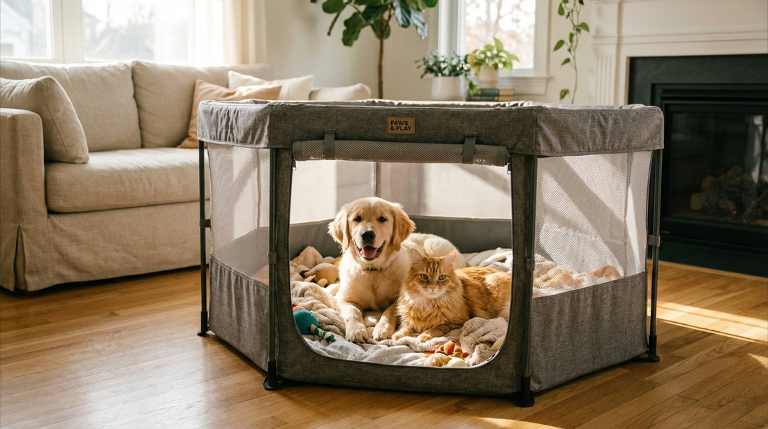 Dog and cat relaxing inside a Petsfit foldable portable pet playpen at home