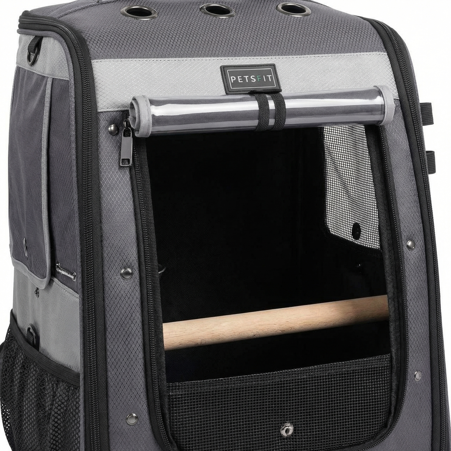 PETSFIT bird carrier backpack detail of perch mesh and zipper