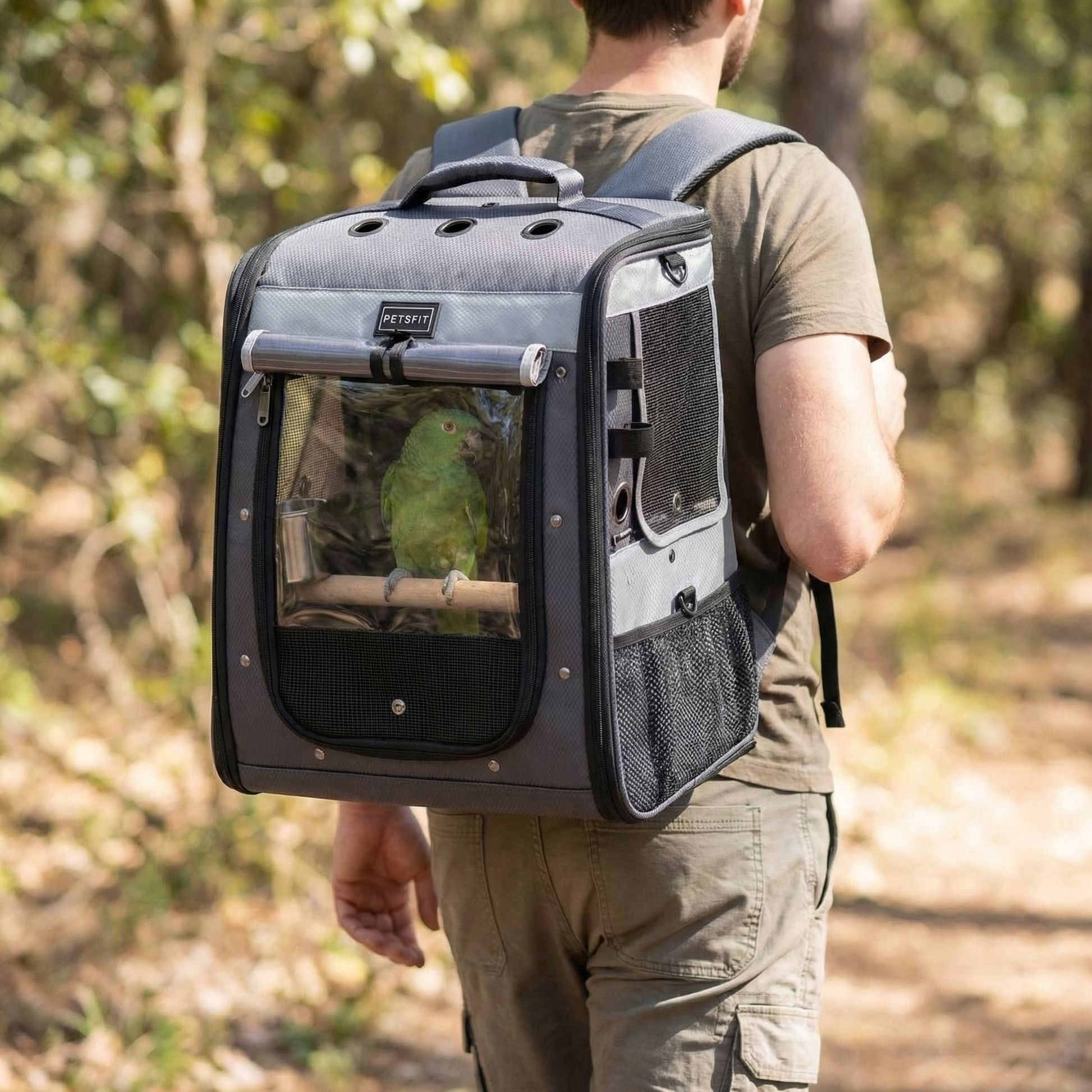 PETSFIT bird carrier backpack lifestyle outdoor wearing scene