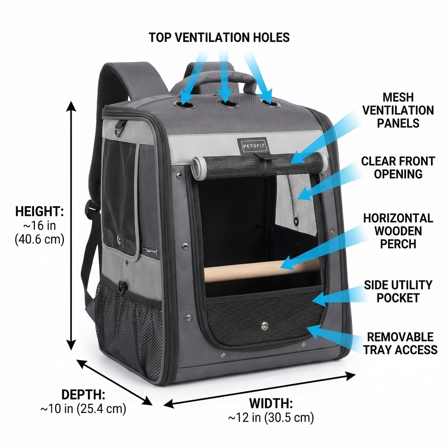 PETSFIT bird carrier backpack size infographic with key dimensions