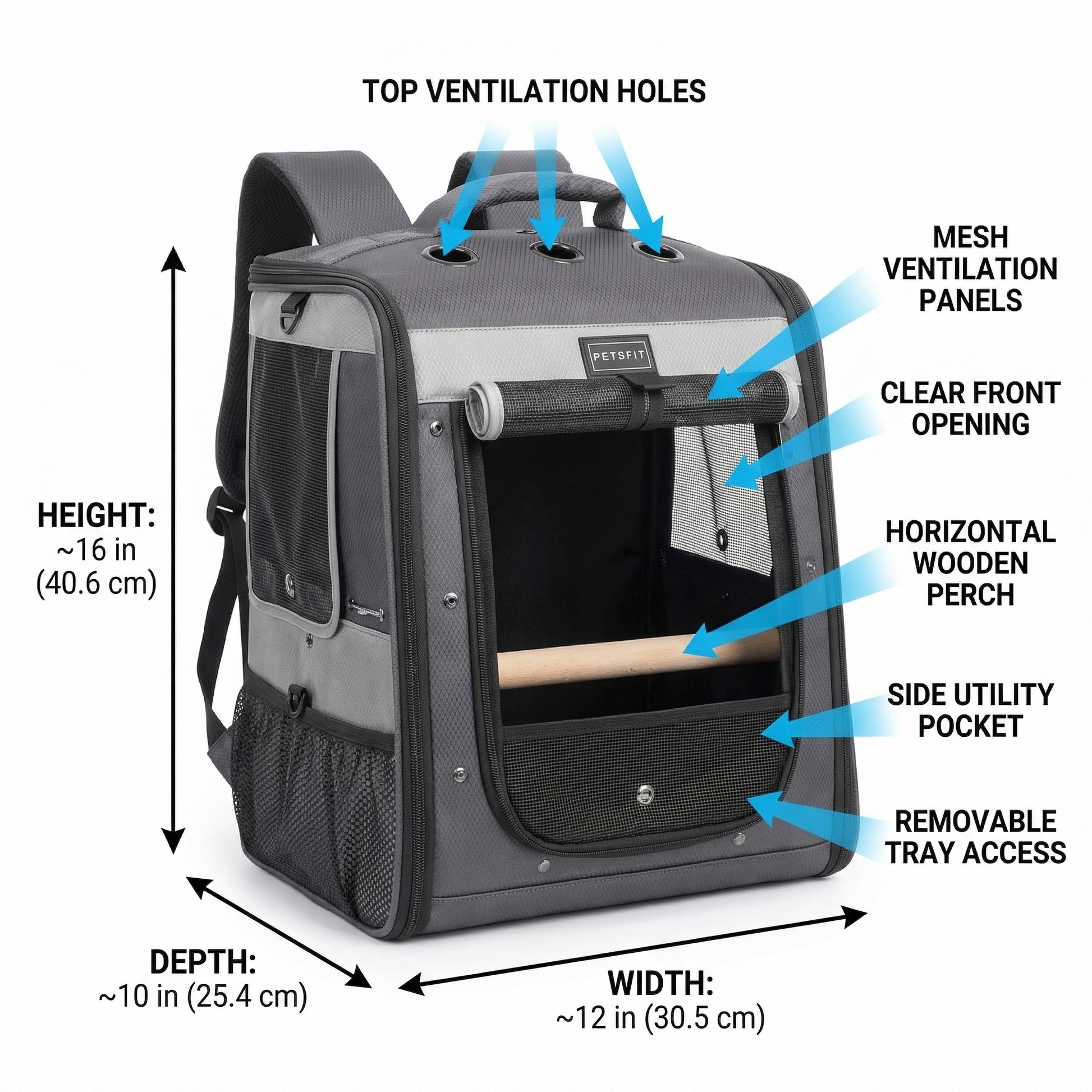 PETSFIT bird carrier backpack size infographic with key dimensions