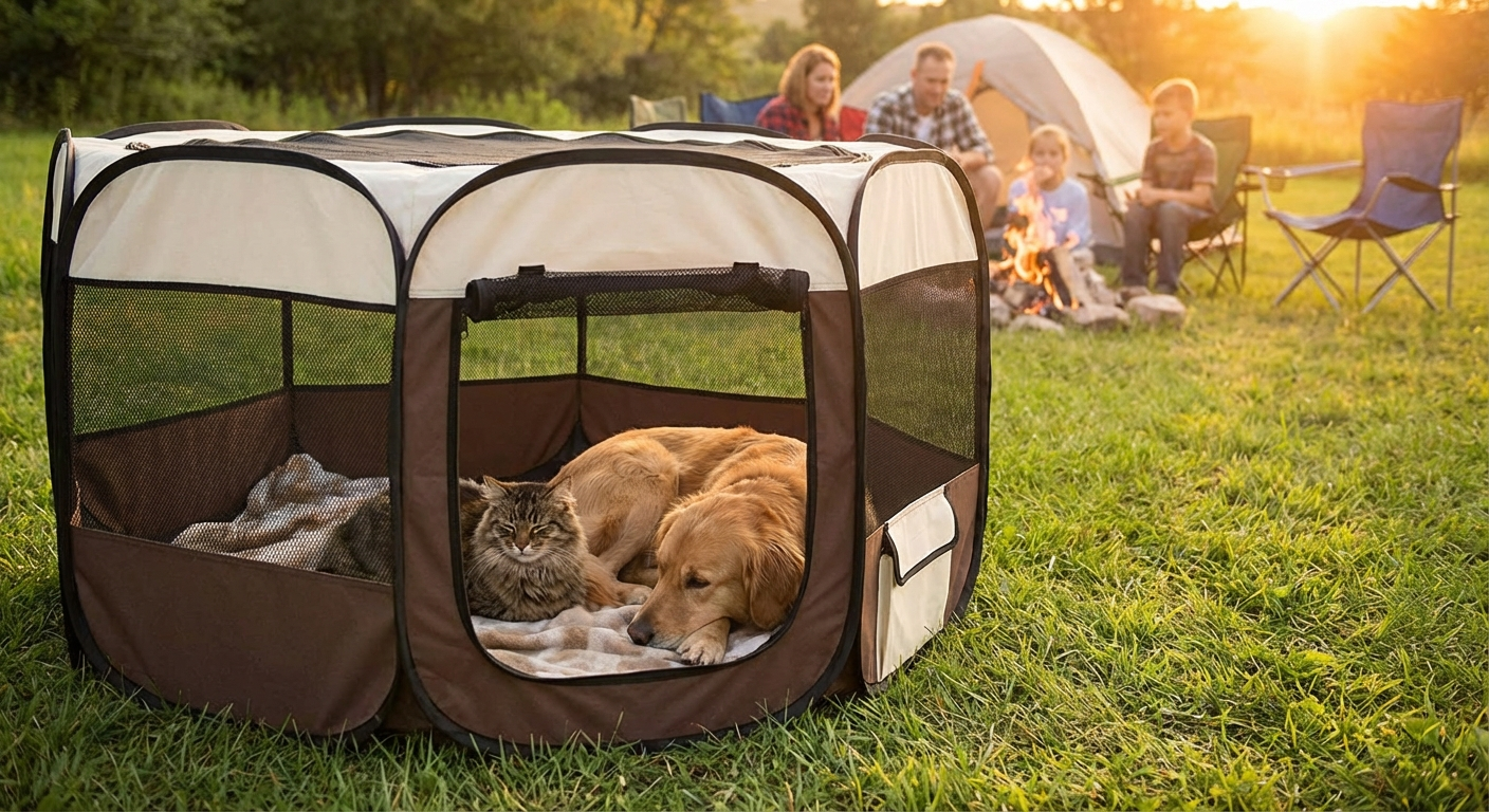Faltbarer PETSFIT Laufstall im Outdoor-Einsatz beim Camping