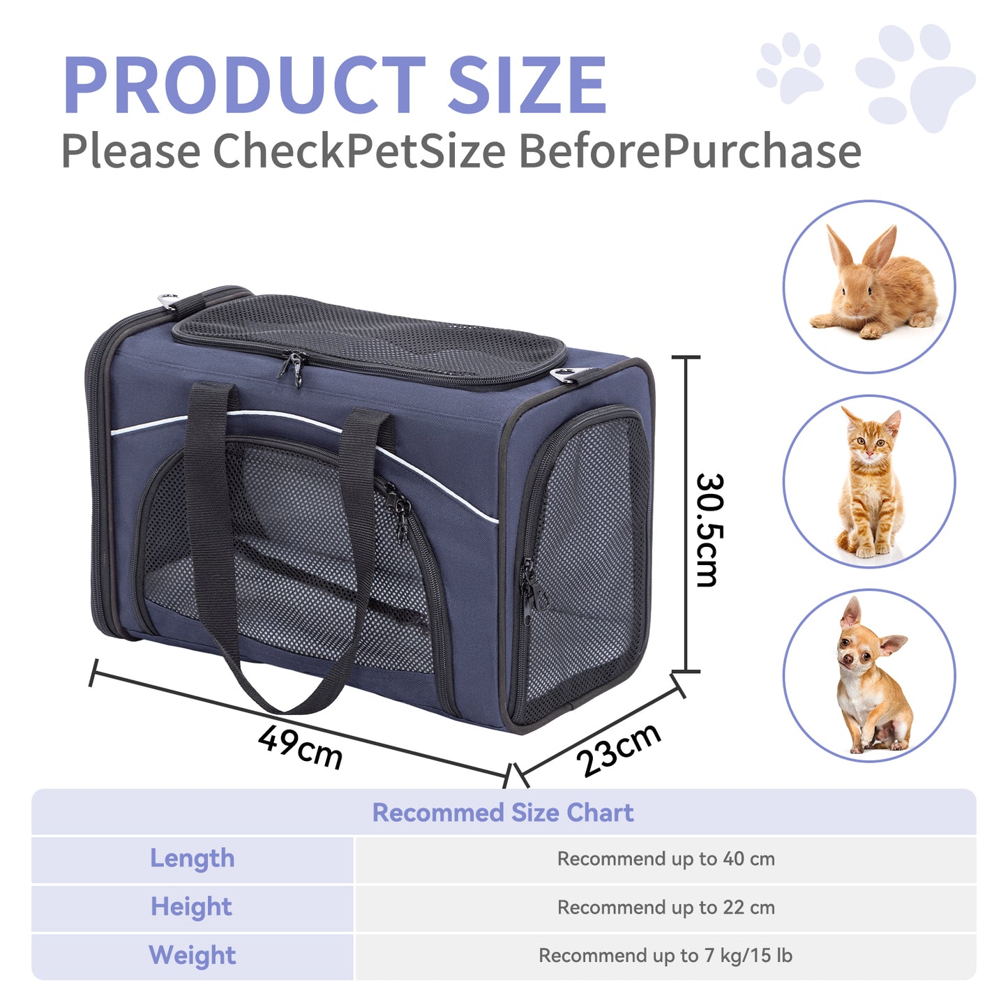 Petsfit Transporttasche Katze & Hundetasche Flugzeug | Flugtasche für Hunde & Transportbox Katze | Flugtaugliche Haustiertasche | Sicherer Transport in Auto, Flugzeug und Bahn, S/Blau