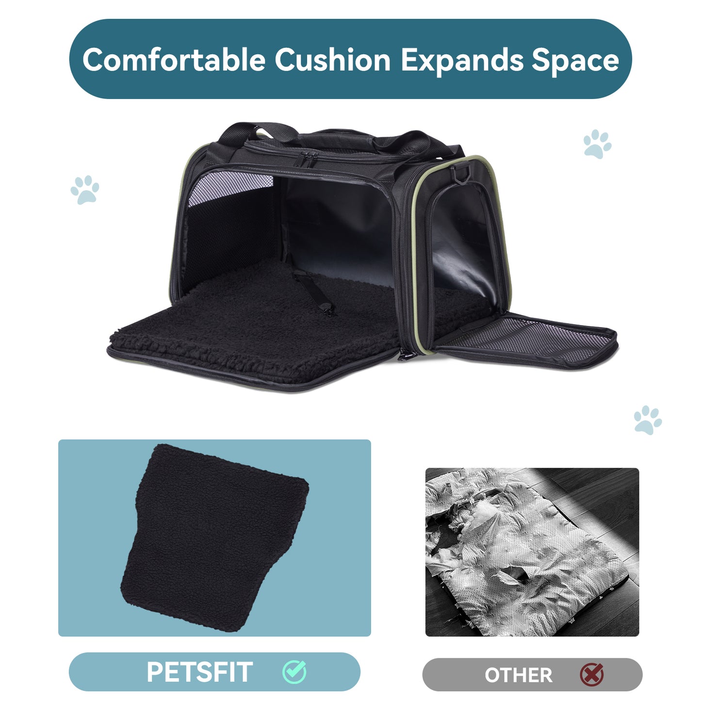 Petsfit Transportbox Katze kleine Hunde leicht Hundetasche Flugzeug für kleine Hunde Katzen Transporttasche Hundetragetasche,Tragetasche Hund Flugtasche mit Schutzgurt & erweiterbare Matte, S/Schwarz