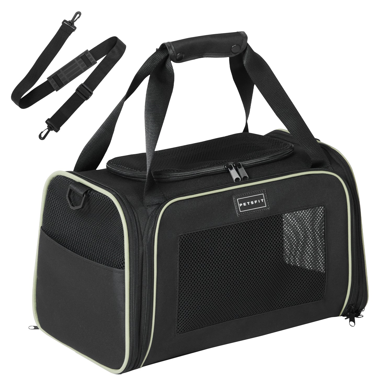 Petsfit Transportbox Katze kleine Hunde leicht Hundetasche Flugzeug für kleine Hunde Katzen Transporttasche Hundetragetasche,Tragetasche Hund Flugtasche mit Schutzgurt & erweiterbare Matte, S/Schwarz