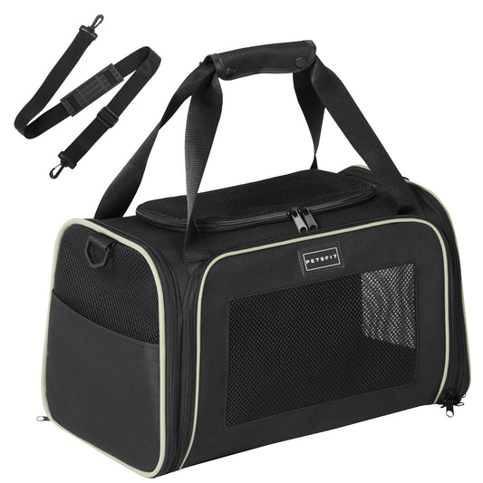 Petsfit Transportbox Katze kleine Hunde leicht Hundetasche Flugzeug für kleine Hunde Katzen Transporttasche Hundetragetasche,Tragetasche Hund Flugtasche mit Schutzgurt & erweiterbare Matte, S/Schwarz