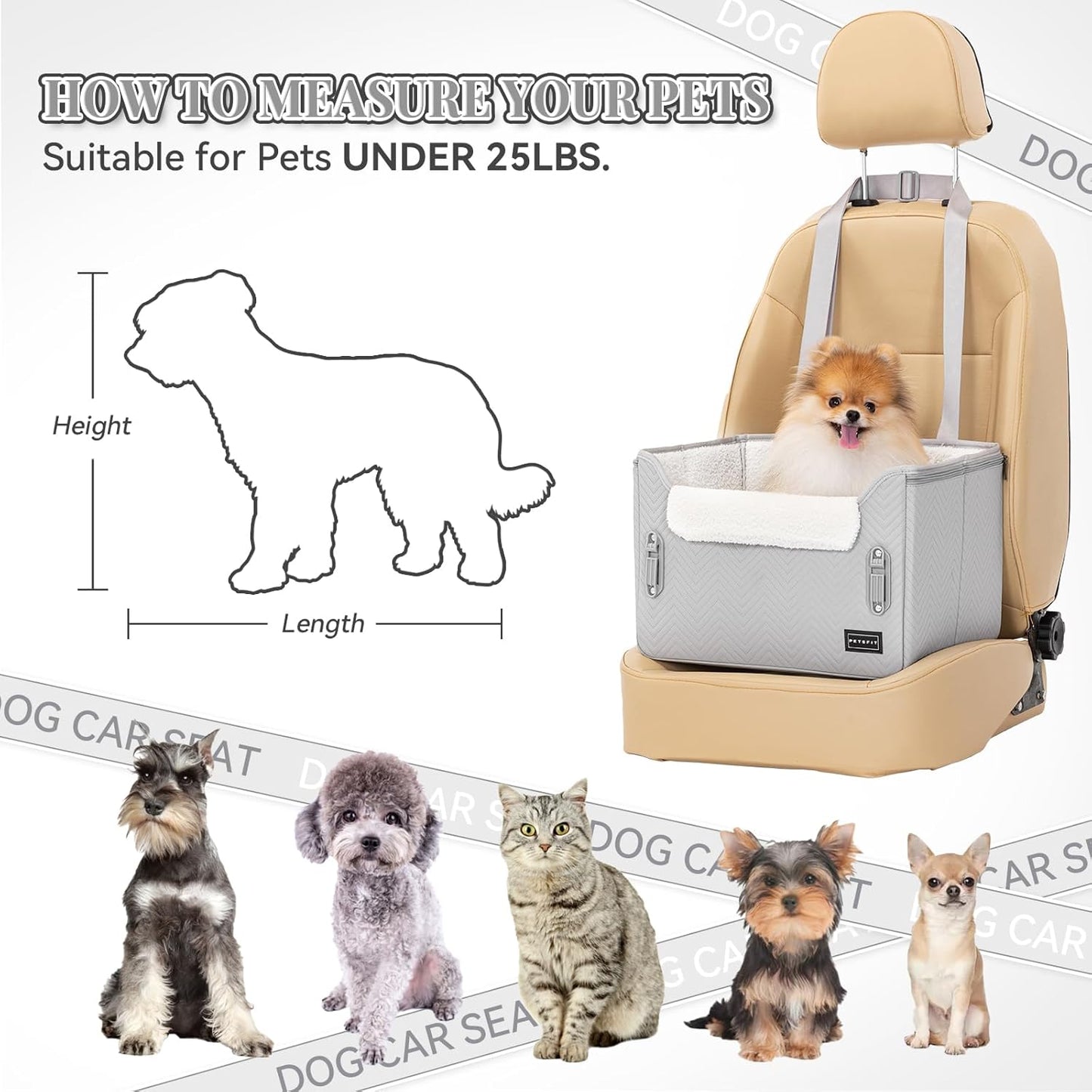 Petsfit Hunde Autositz für kleine Hunde, Hundeautositz Hundesitz Auto Rückbank Beifahrersitz sicherer Stabiler mit Sicherheitsgurt-Halteclip und Plüschkissen für kleine Hunde bis zu 8kg,Leder, Grau
