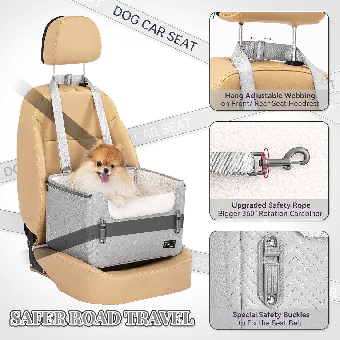 Petsfit Hunde Autositz für kleine Hunde, Hundeautositz Hundesitz Auto Rückbank Beifahrersitz sicherer Stabiler mit Sicherheitsgurt-Halteclip und Plüschkissen für kleine Hunde bis zu 8kg,Leder, Grau