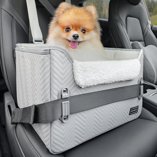 Petsfit Hunde Autositz für kleine Hunde, Hundeautositz Hundesitz Auto Rückbank Beifahrersitz sicherer Stabiler mit Sicherheitsgurt-Halteclip und Plüschkissen für kleine Hunde bis zu 8kg,Leder, Grau