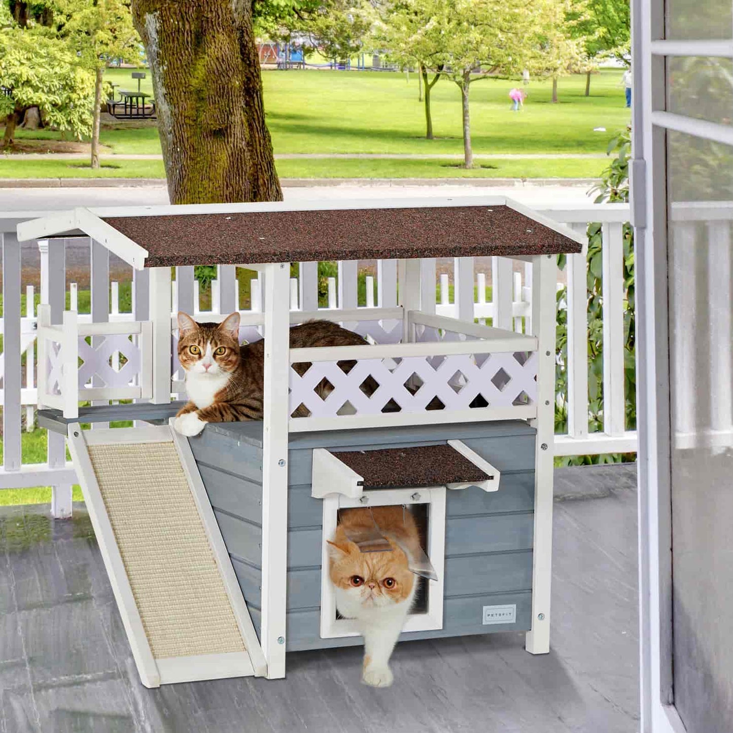 PETSFIT Outside Cat House Stair or Scratch Board 2 Story Design Perfect for Multi Cats -  Pet Supplies