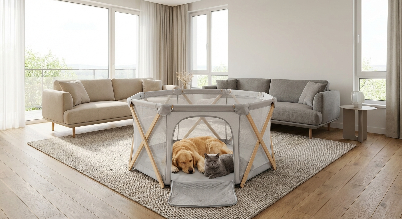 PETSFIT faltbarer Hunde- und Katzenlaufstall im modernen Wohnzimmer